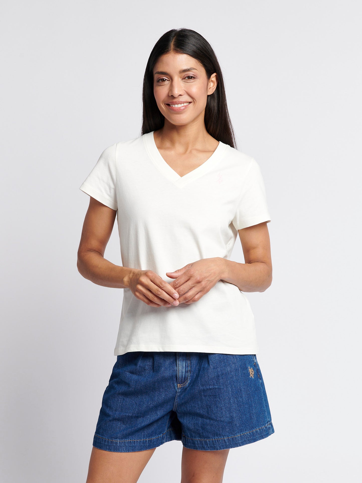 Womens V-Neck T-Shirt Marshmallow with Crystal Rose DHM