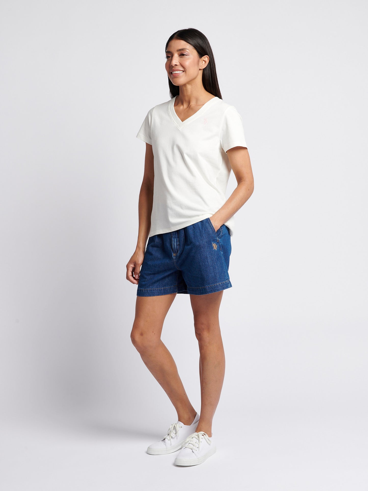 Womens V-Neck T-Shirt Marshmallow with Crystal Rose DHM