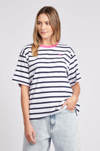 Womens Stripe Crew Neck T-Shirt in Navy Blue