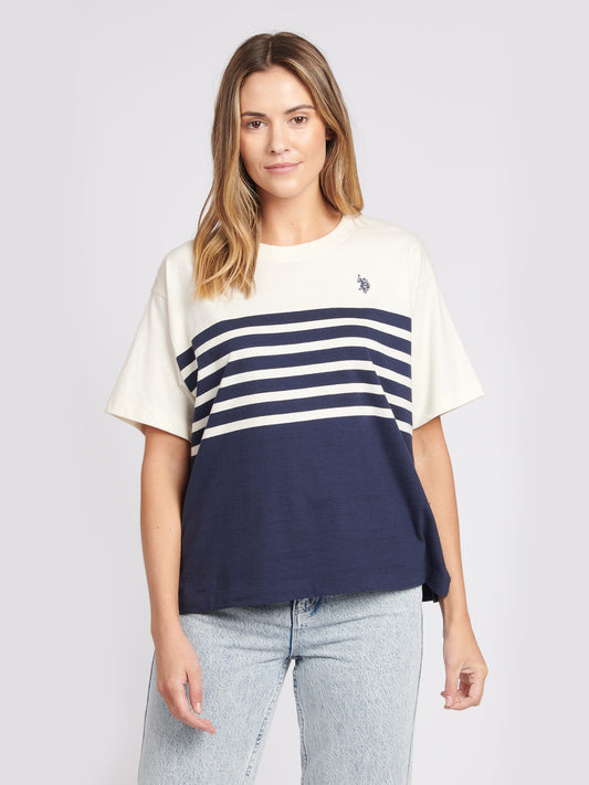 Womens Contrast Stripe Crew T-Shirt in Egret