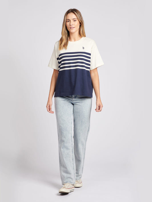 Womens Contrast Stripe Crew T-Shirt in Egret