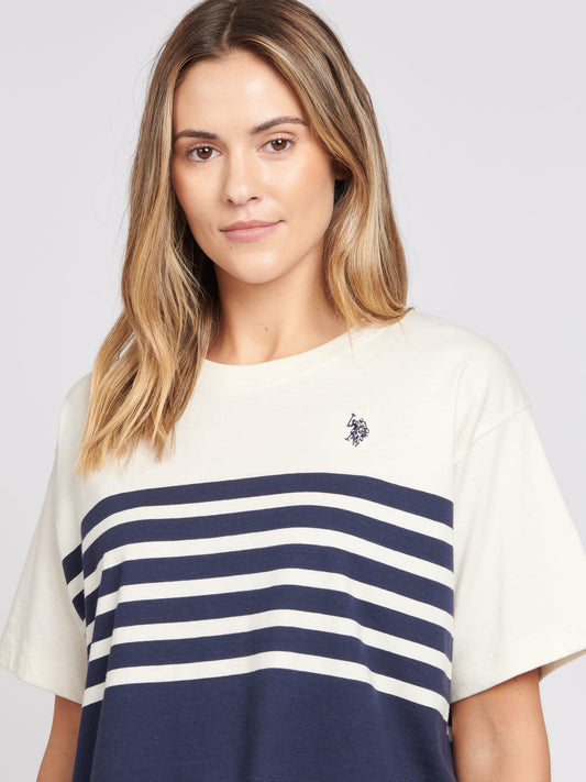 Womens Contrast Stripe Crew T-Shirt in Egret
