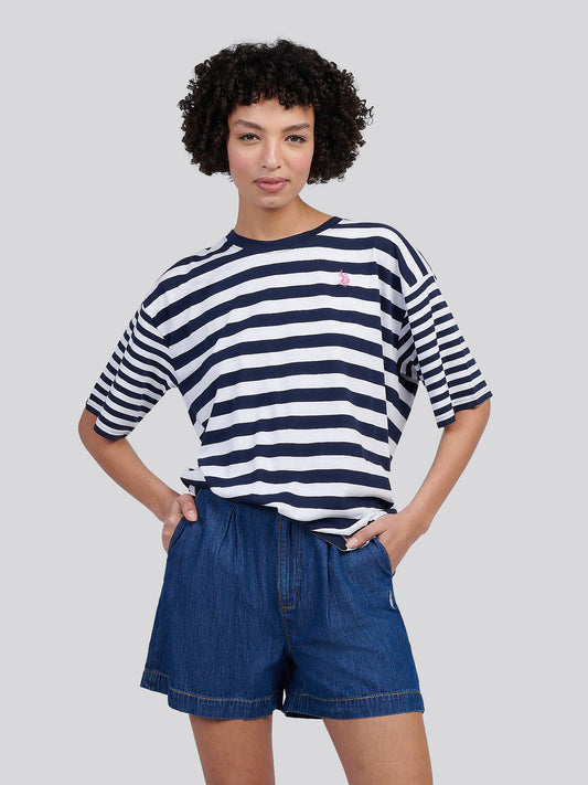 Womens Slub Mixed Stripe Loose T-Shirt in Navy Iris