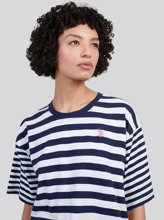 Womens Slub Mixed Stripe Loose T-Shirt in Navy Iris