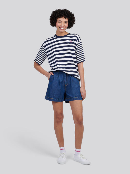 Womens Slub Mixed Stripe Loose T-Shirt in Navy Iris