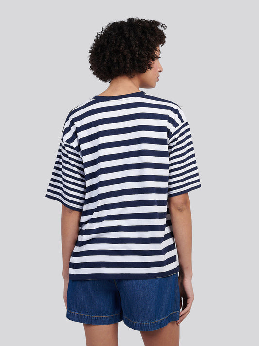 Womens Slub Mixed Stripe Loose T-Shirt in Navy Iris