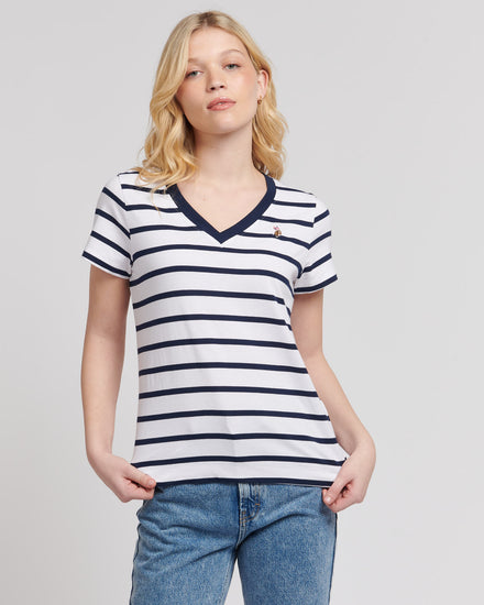 Womens Slub Stripe V-Neck T-Shirt in Navy Iris