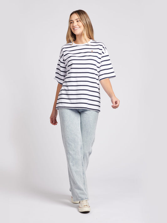 Womens Stripe Loose T-Shirt in Navy Blue