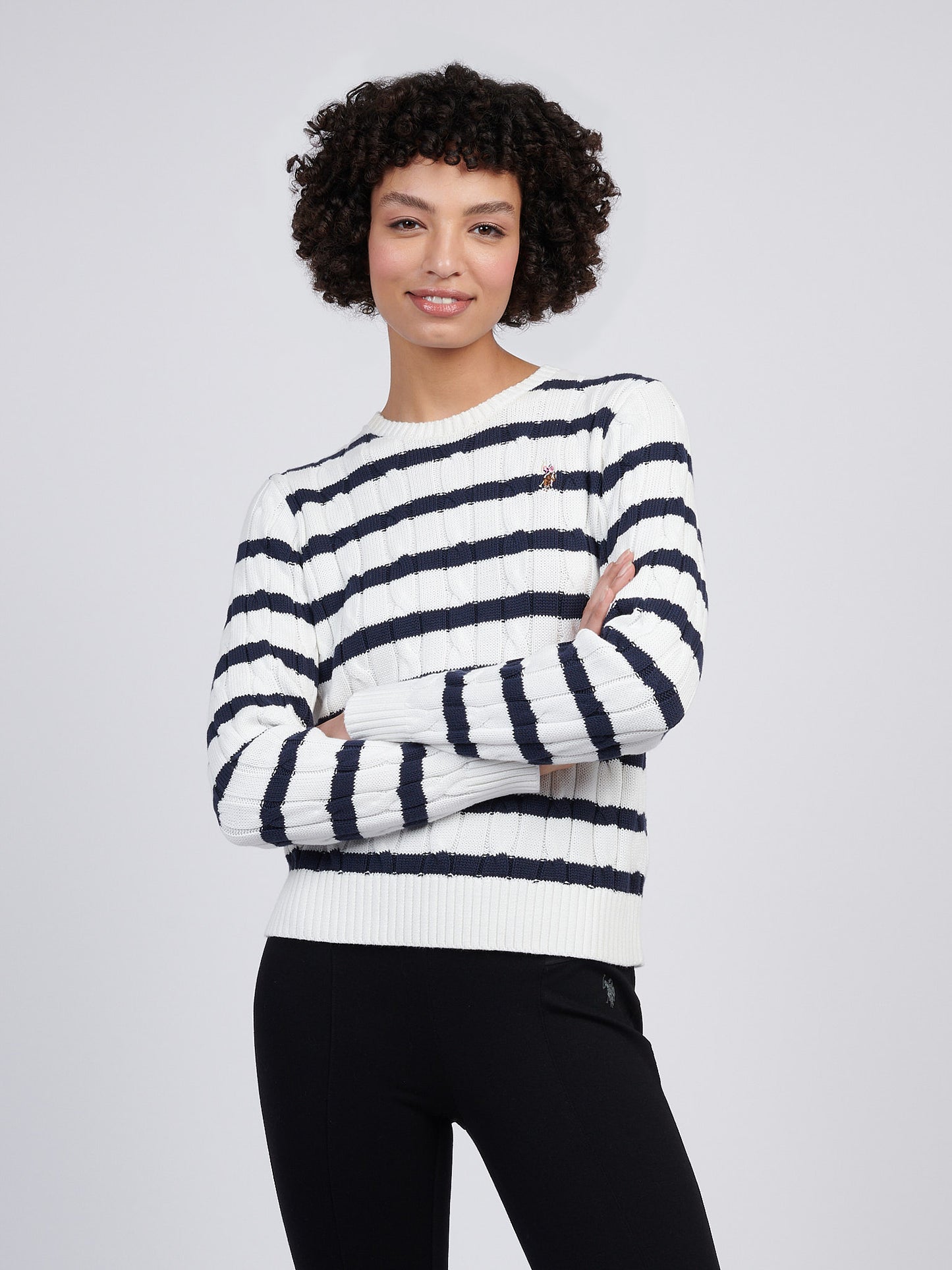 Women Thin Stripe Cable Knit Jumper in Bright White