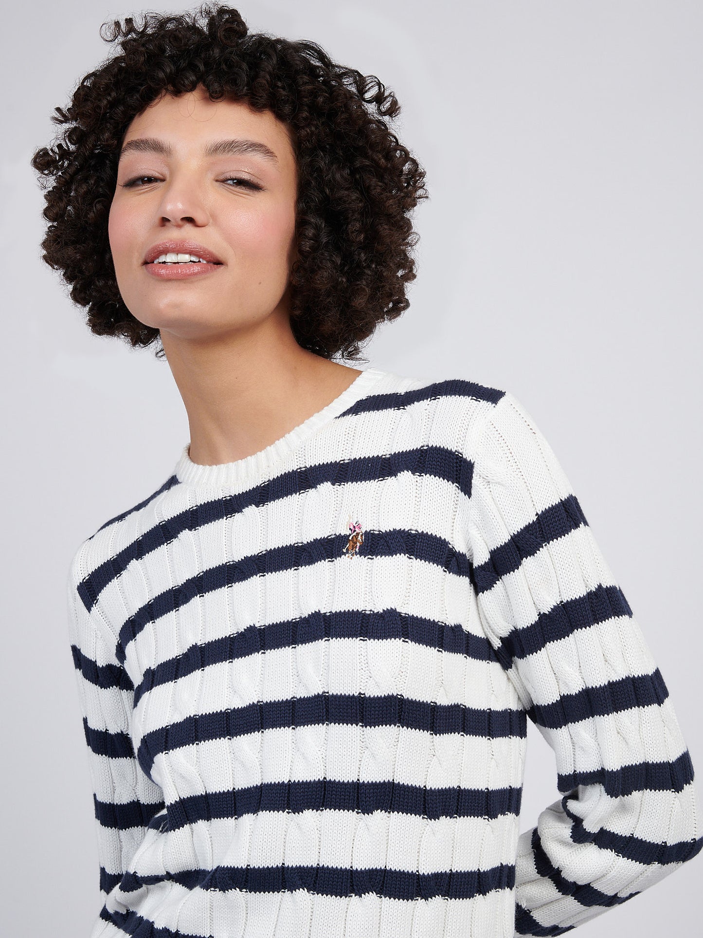 Women Thin Stripe Cable Knit Jumper in Bright White