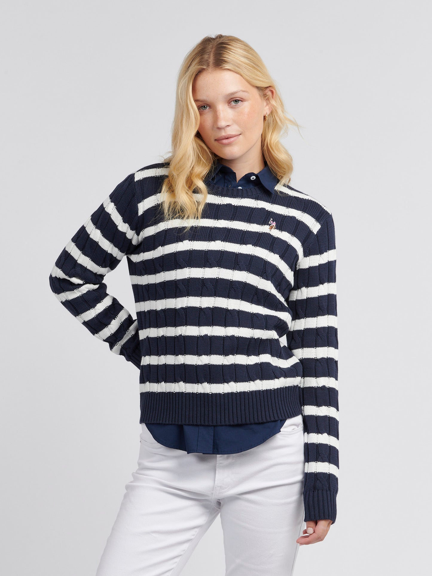 Women Thin Stripe Cable Knit Jumper in Navy Iris