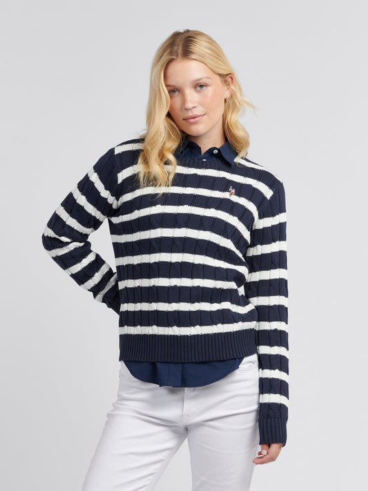 Women Thin Stripe Cable Knit Jumper in Navy Iris