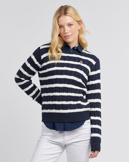 Women Thin Stripe Cable Knit Jumper in Navy Iris