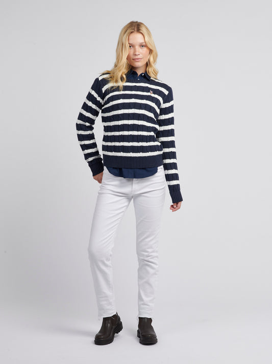 Women Thin Stripe Cable Knit Jumper in Navy Iris