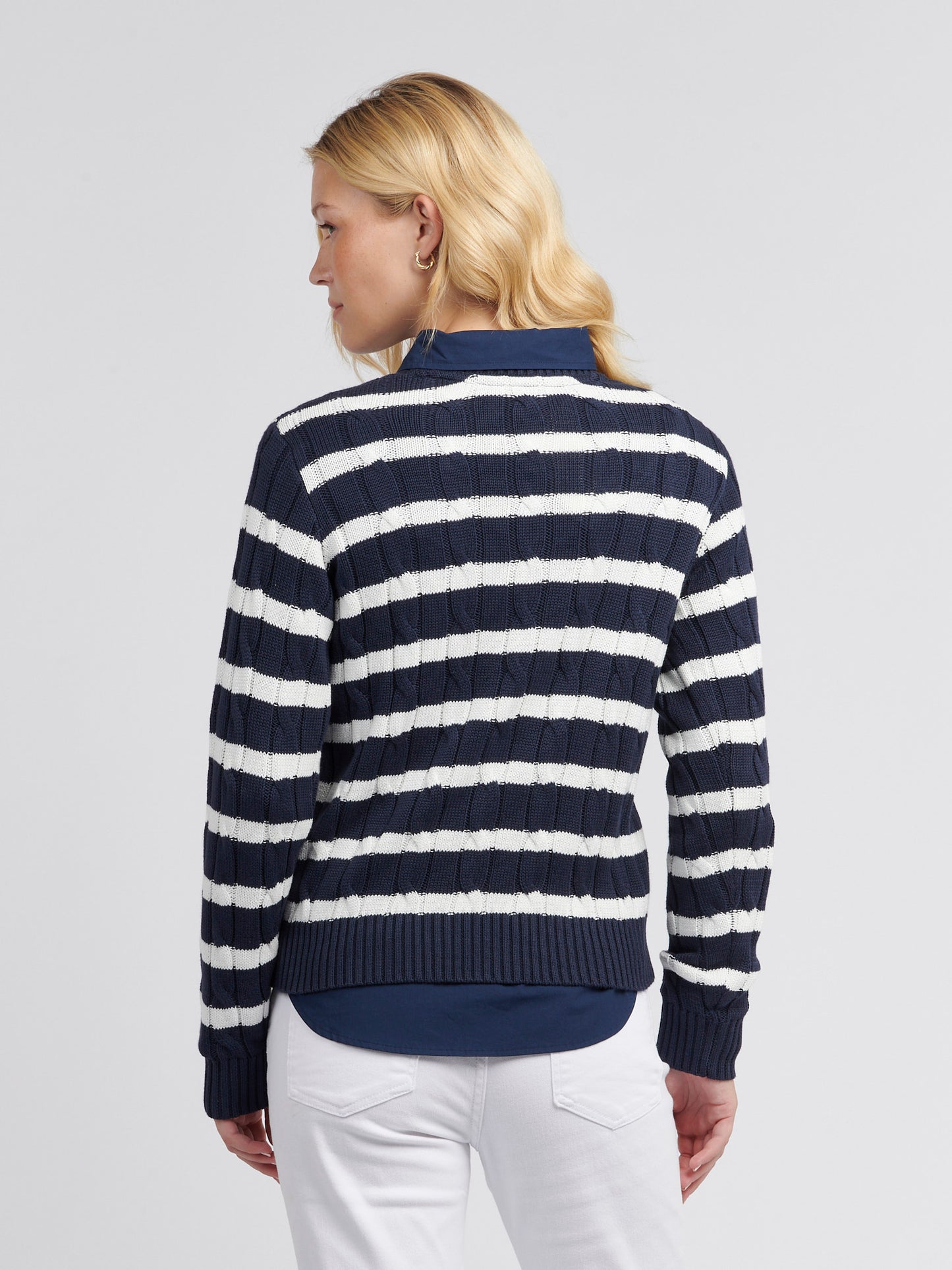 Women Thin Stripe Cable Knit Jumper in Navy Iris