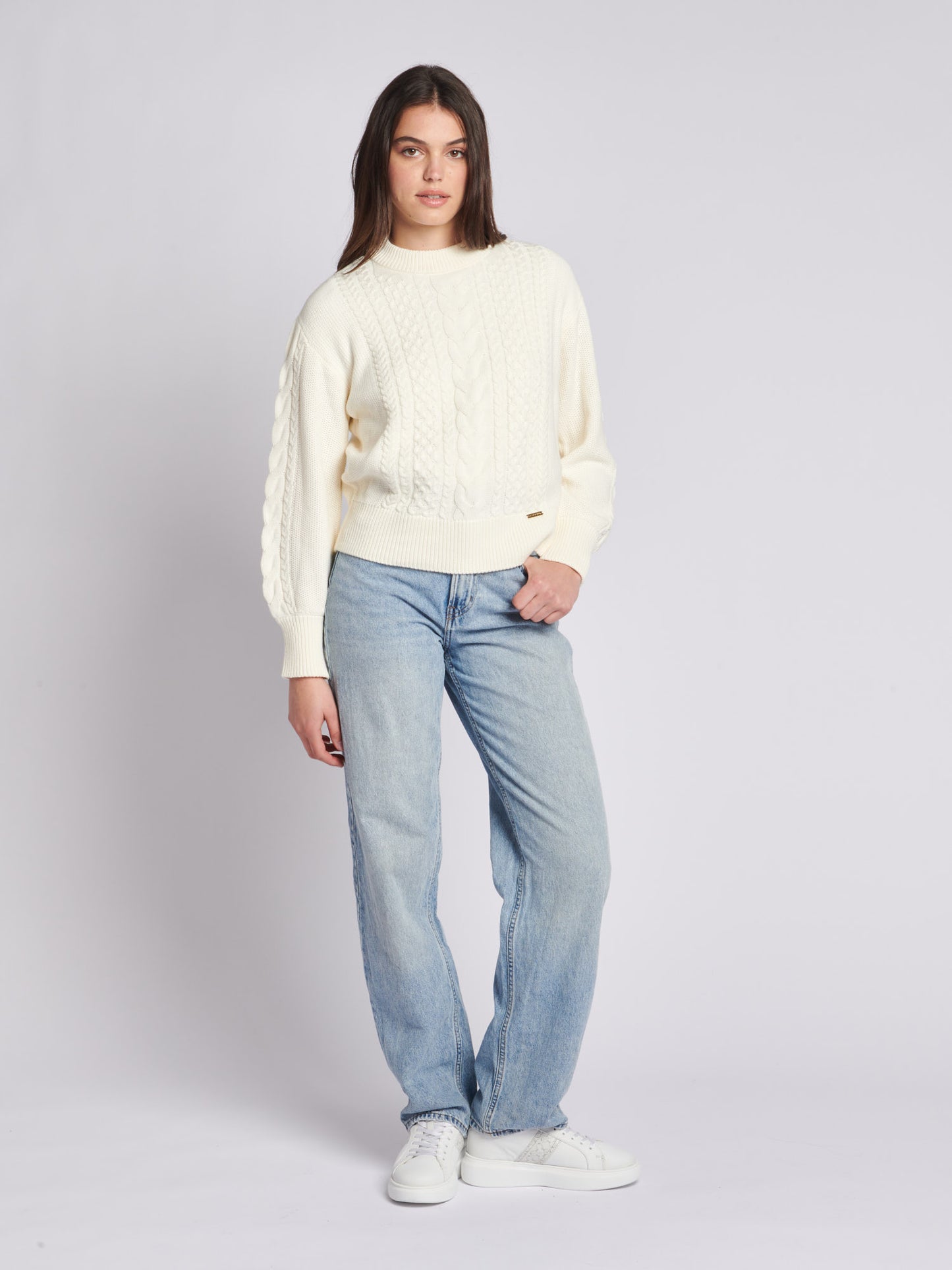Womens Multi Cable Knit Jumper in Egret