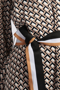 Womens Striped Trim Print Midi Dress in Egret