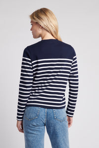 Womens Stripe Long Sleeve T-Shirt With Tipping in Navy Blue