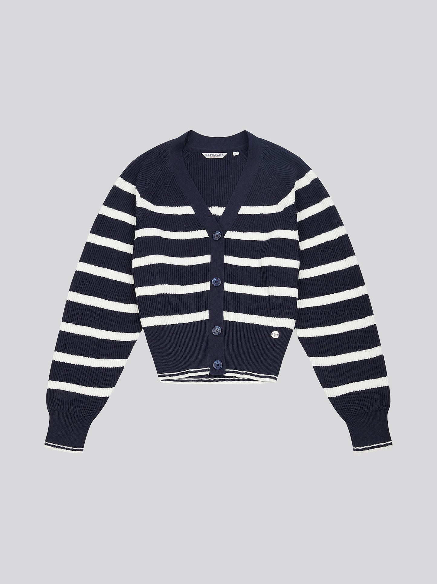 Womens Stripe Cropped Rib Cardigan in Navy Iris