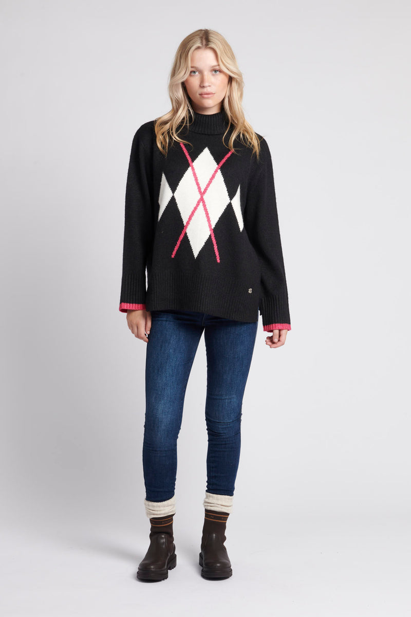 Womens Argyle Roll Neck Knitted Jumper in Black