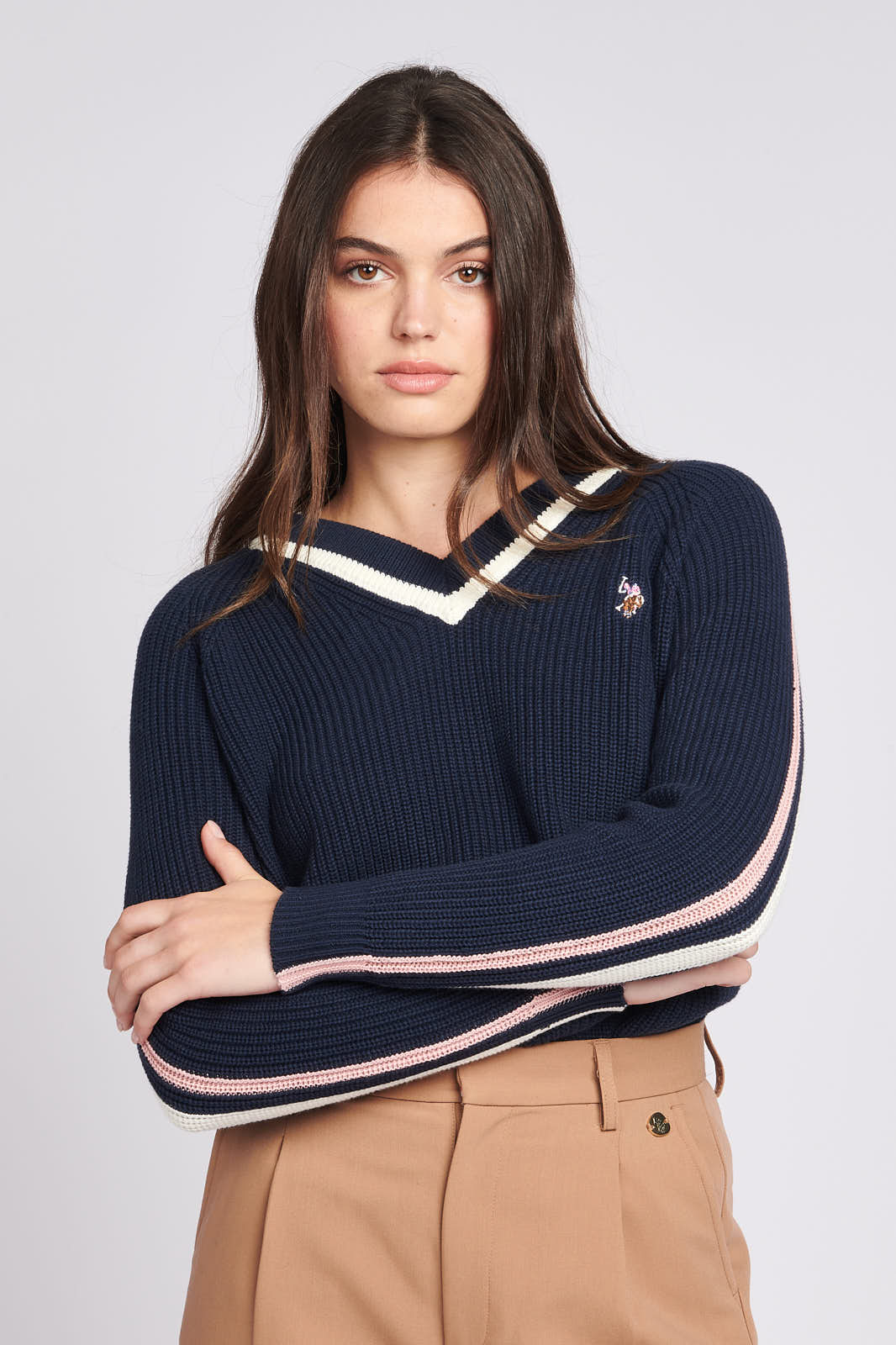 Womens Tri Stripe Knitted Cricket Jumper in Navy Blue