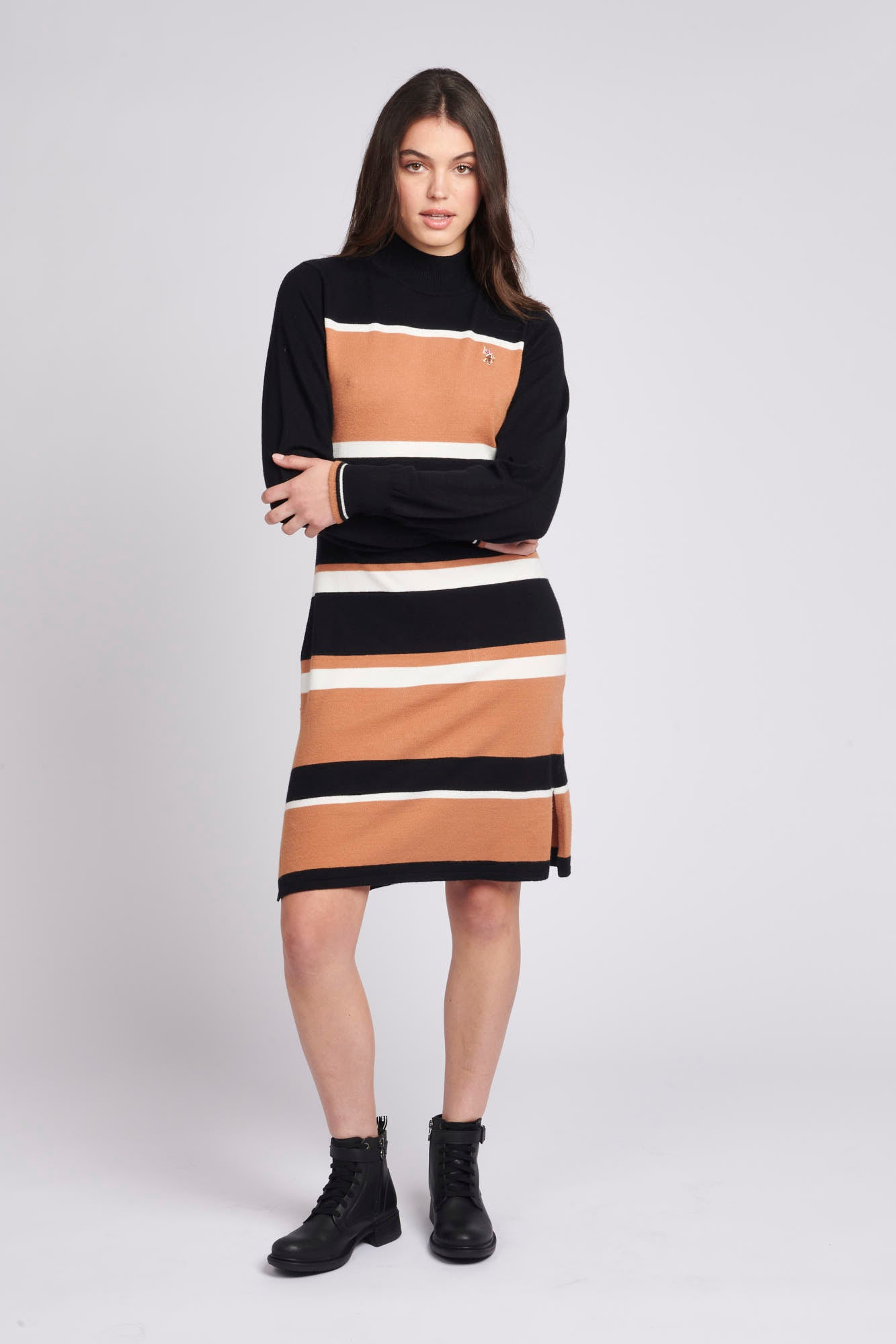 Womens Stripe Split Hem Knit Dress in Black