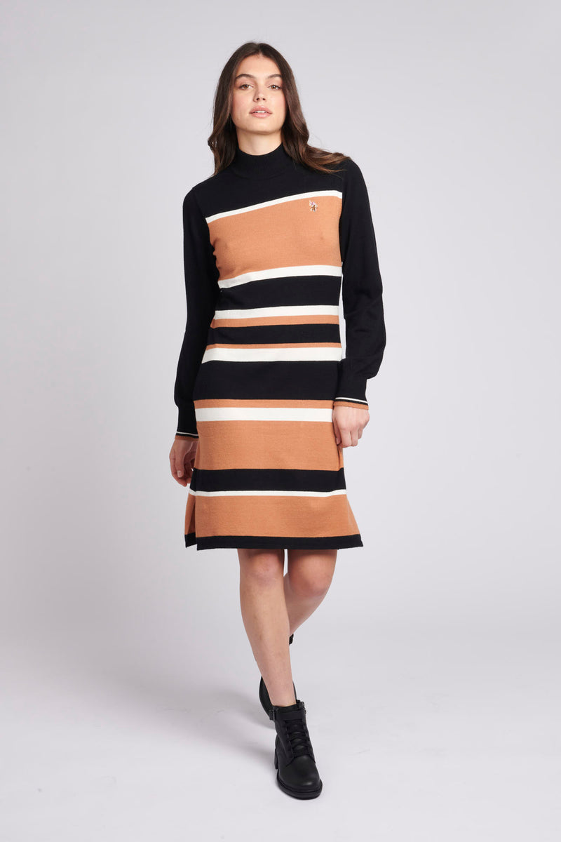 Womens Stripe Split Hem Knit Dress in Black