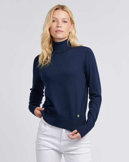 Womens Roll Neck Fine Knit Jumper in Navy Iris