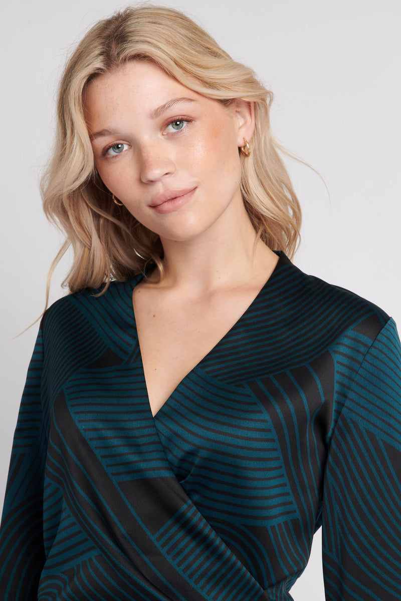 Womens Abstract Stripe Satin Wrap Shirt in Deep Teal