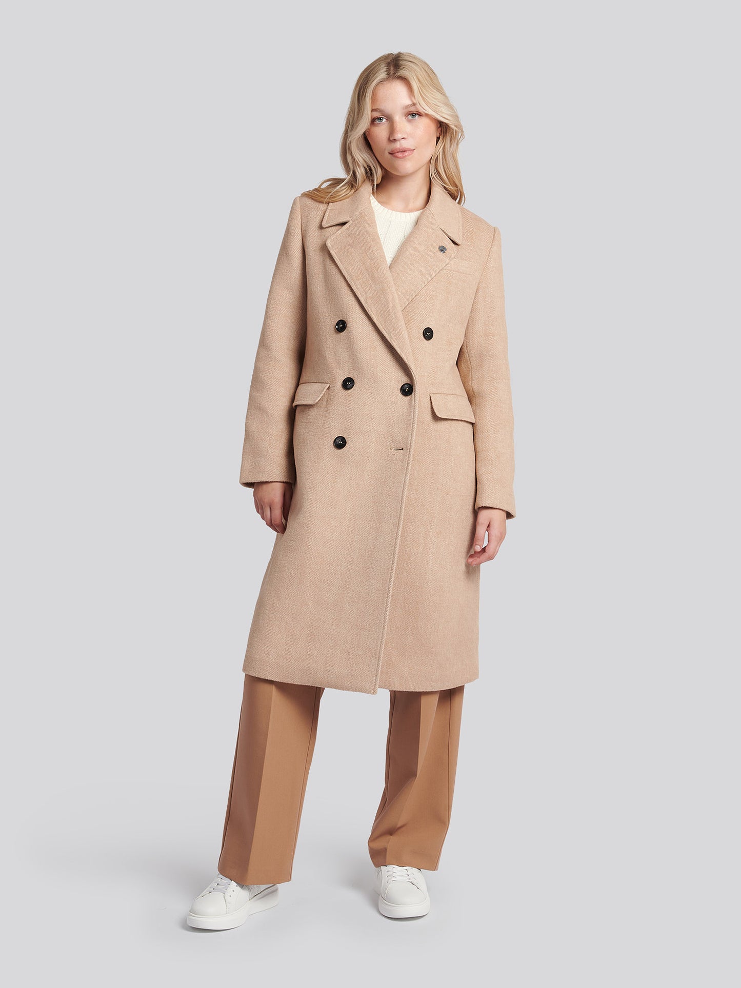 Womens Herringbone Double Breasted Coat in Pecan Brown