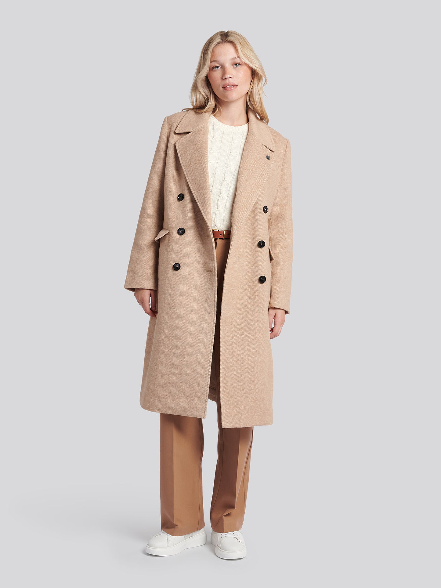 Womens Herringbone Double Breasted Coat in Pecan Brown