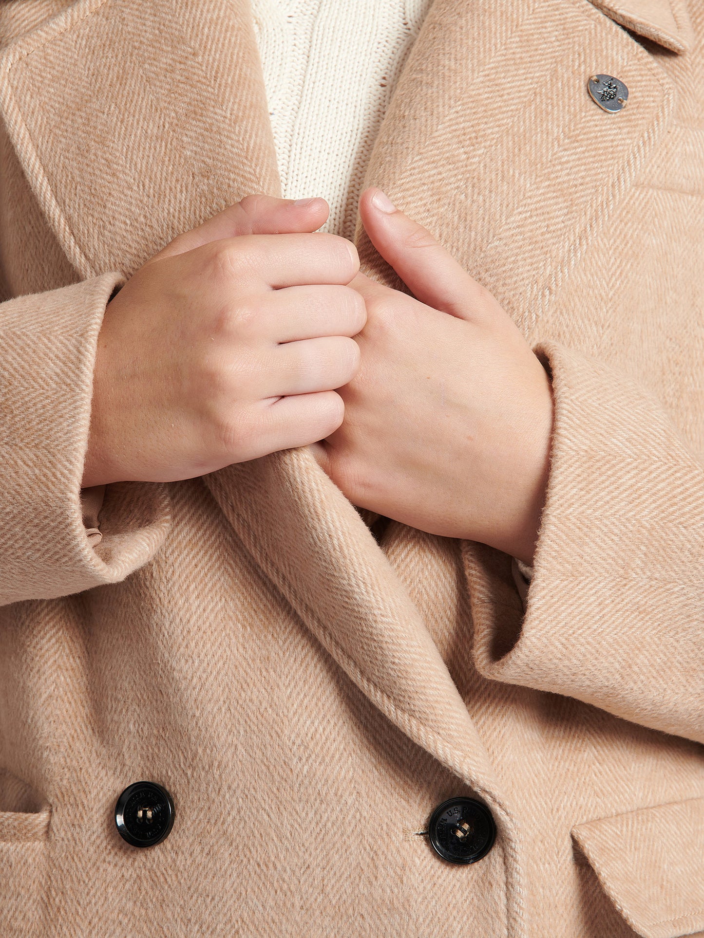 Womens Herringbone Double Breasted Coat in Pecan Brown