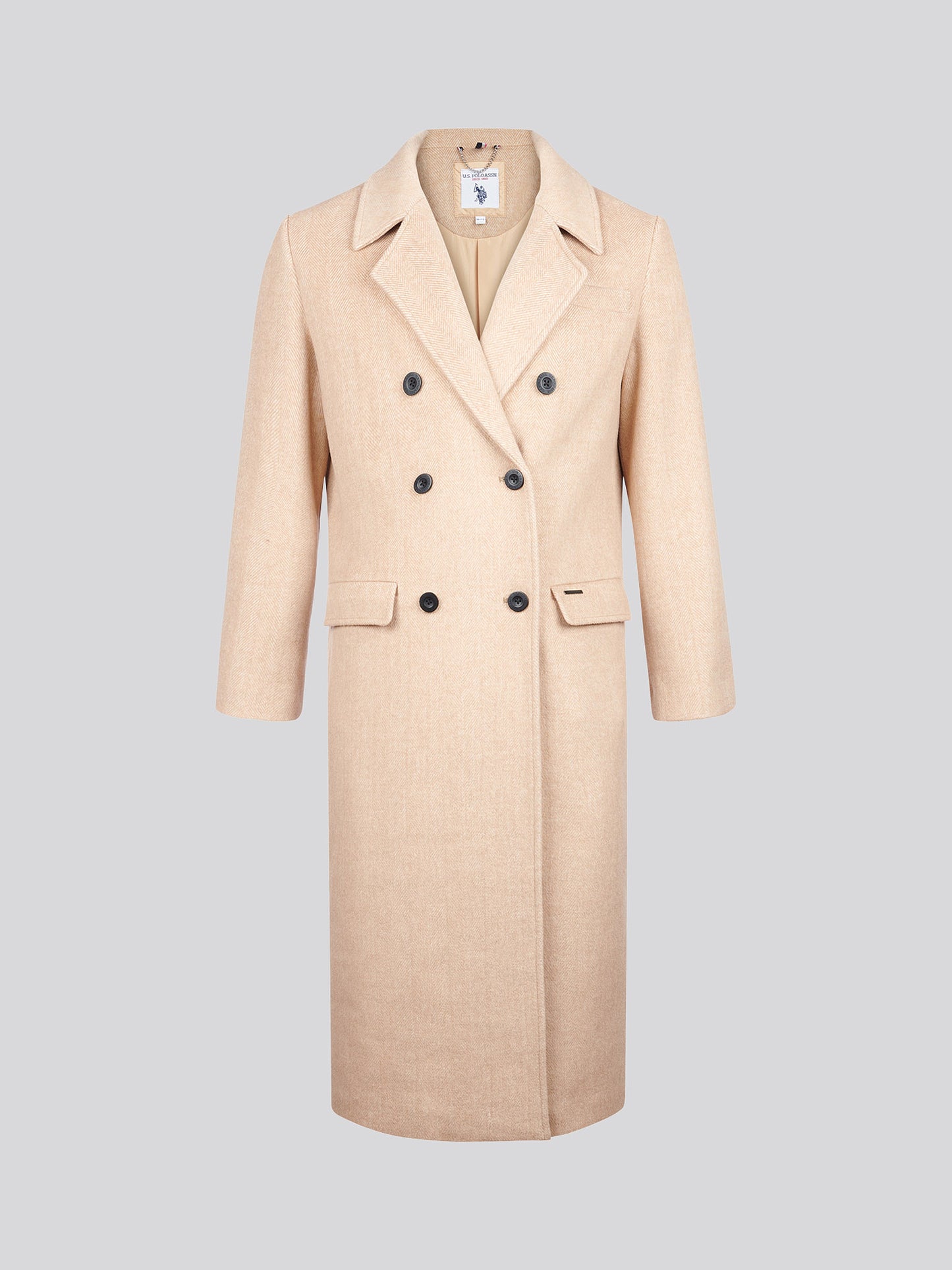 Womens Herringbone Double Breasted Coat in Pecan Brown