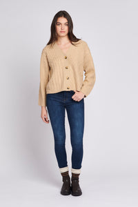 Womens Patchwork Cable Knit Cardigan in Sesame