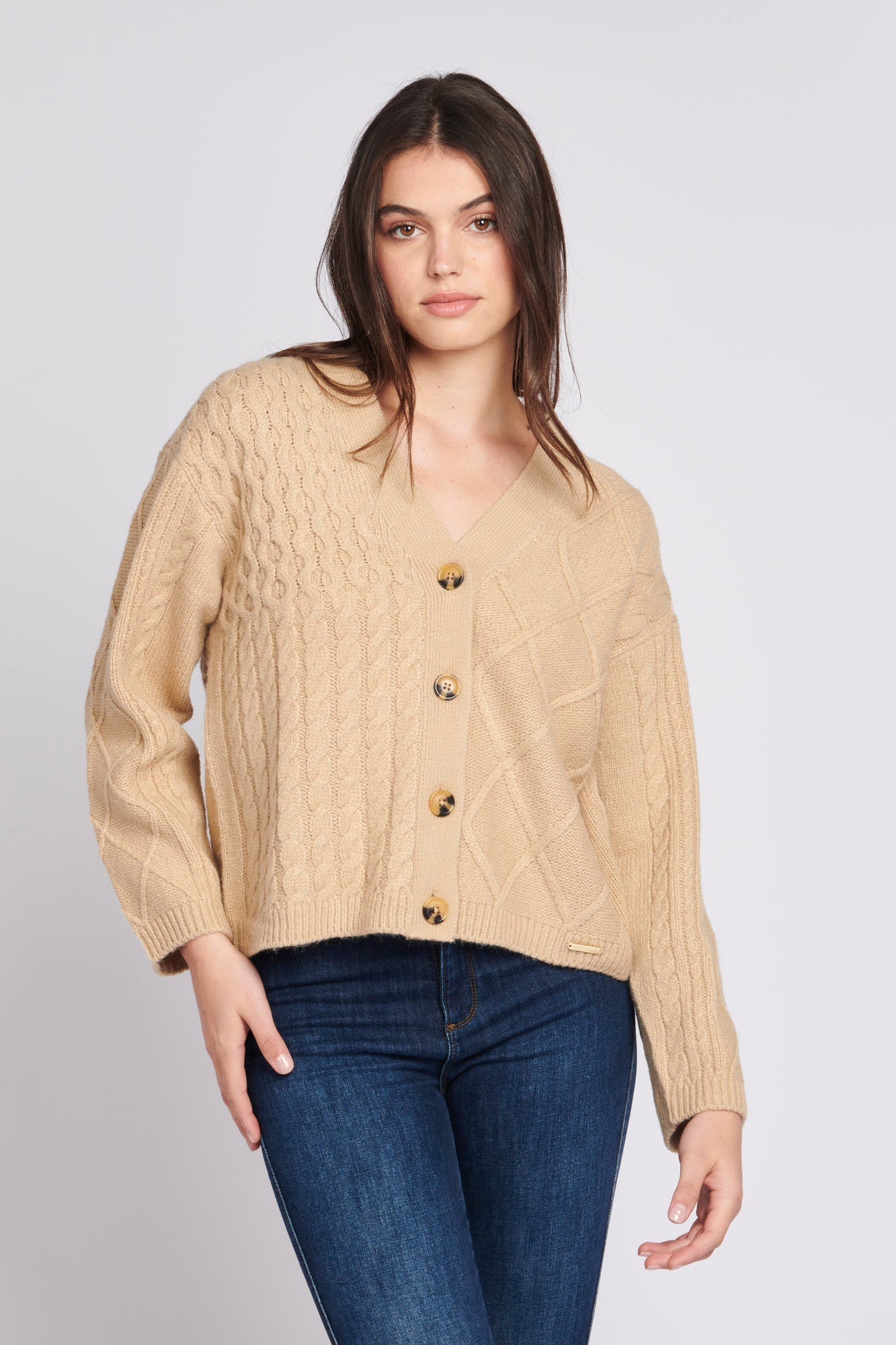 Womens Patchwork Cable Knit Cardigan in Sesame
