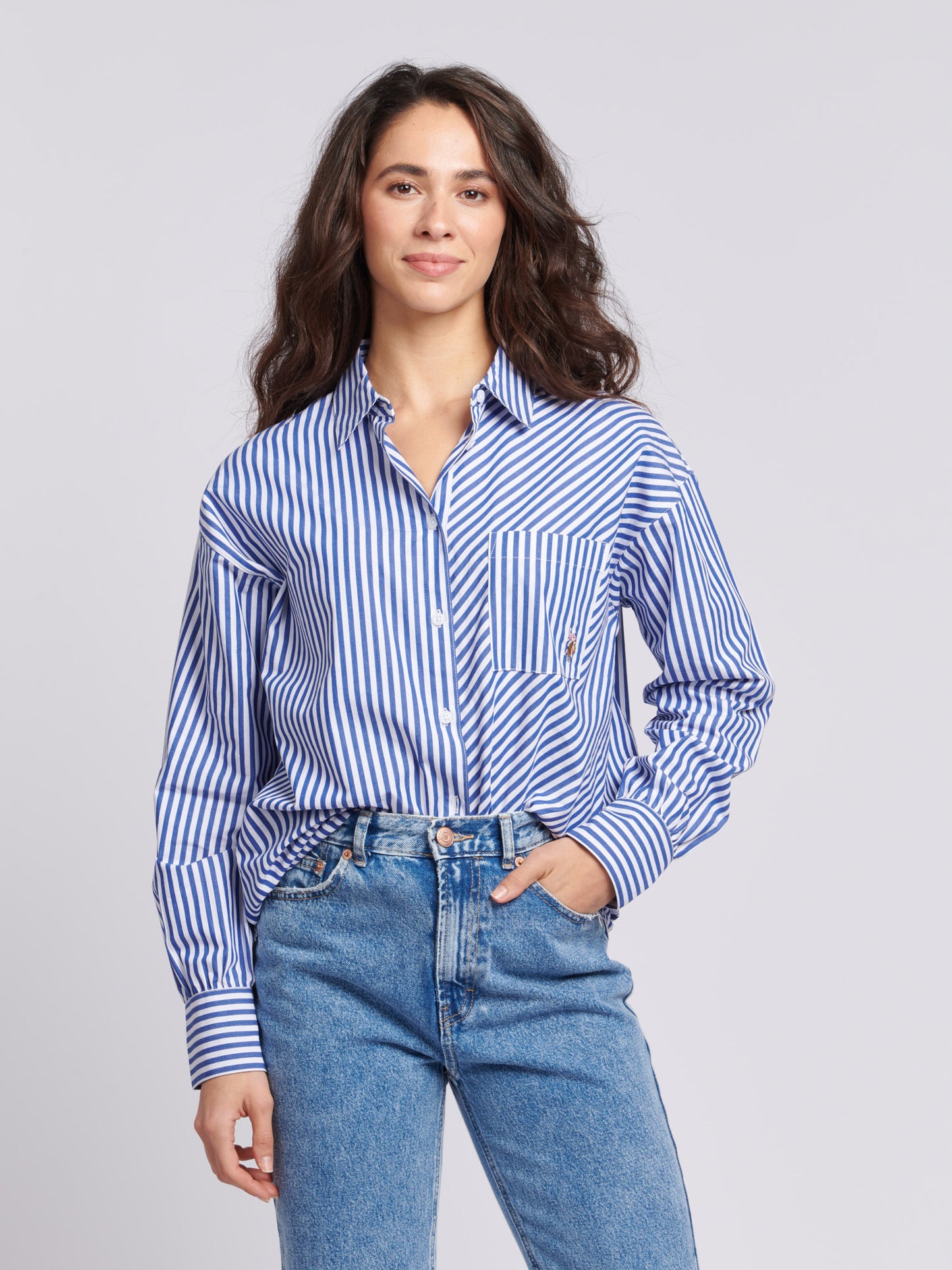 Womens Loose Fit Striped Shirt in Regatta Blue