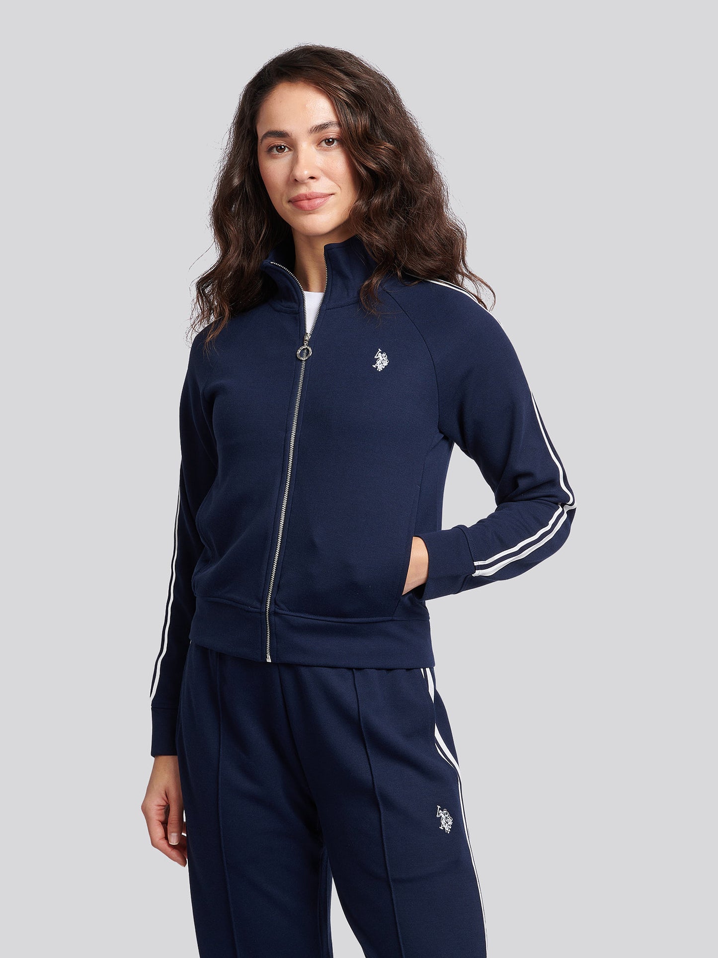 Womens Stripe Trim Zip Through Tracksuit Top in Navy Iris