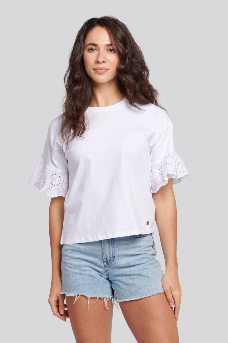 Womens Broderie Anglaise T-Shirt in Bright White