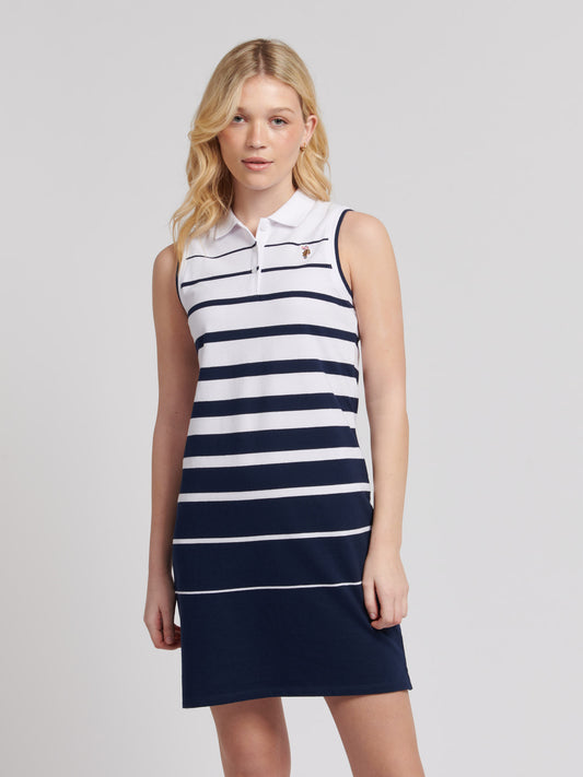 Womens Striped Sleeveless Polo Dress in Navy Iris