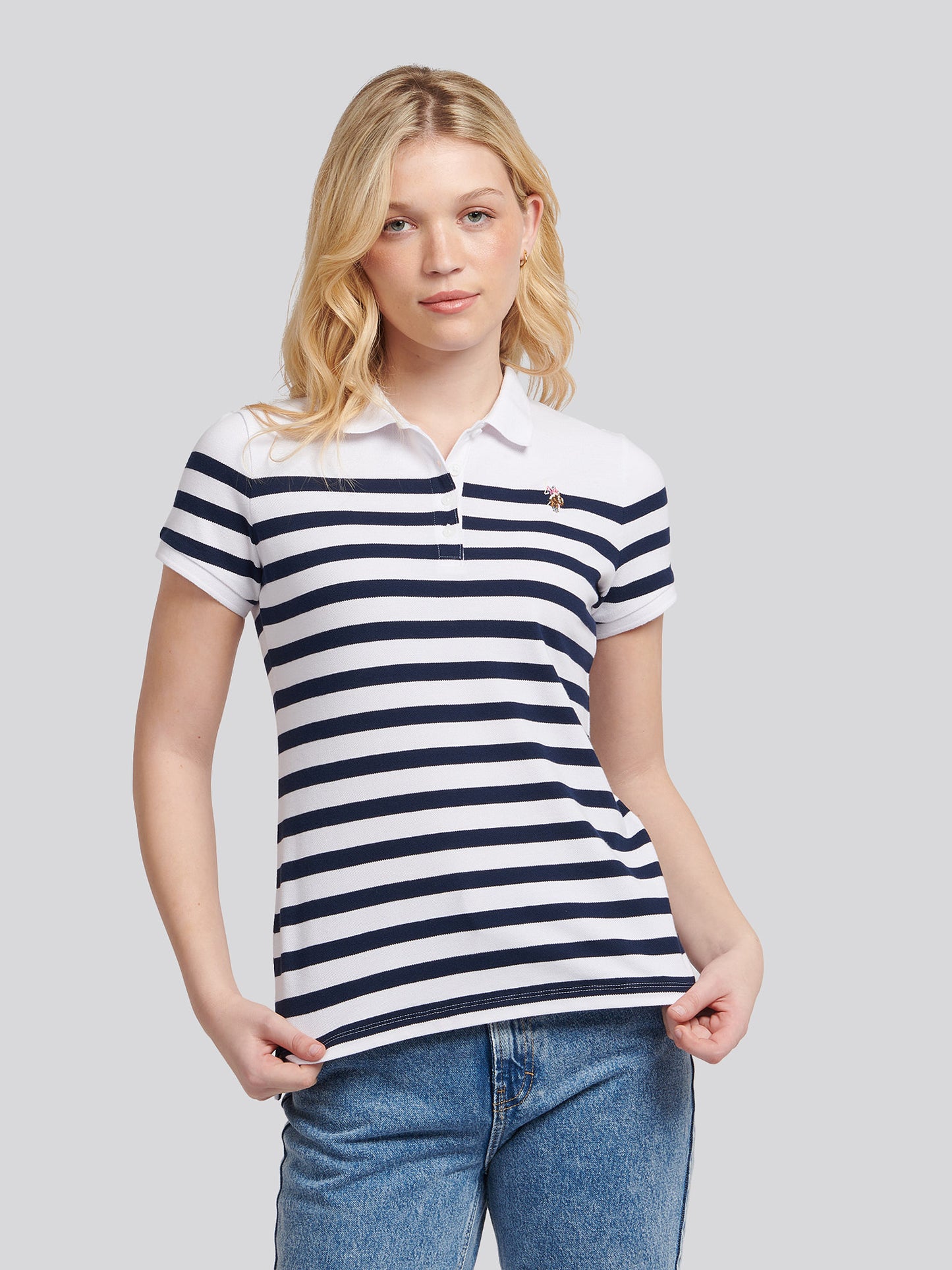 Womens Regular Fit Engineered Stripe Polo Shirt in Navy Iris