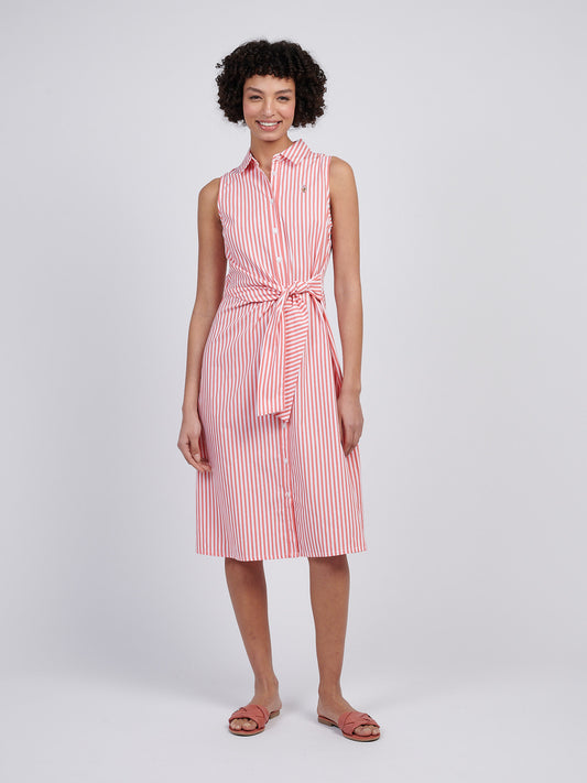 Womens Stripe Tie Waist Shirt Dress in Sugar Coral