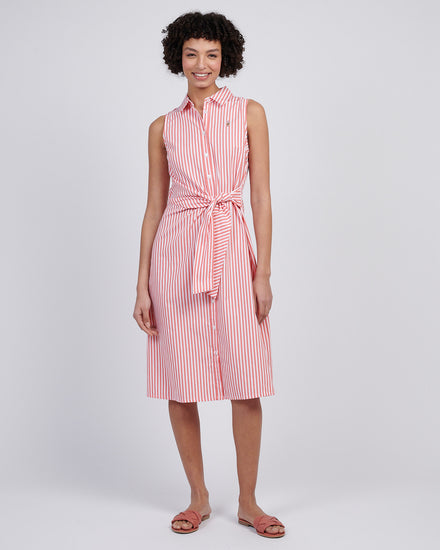Womens Stripe Tie Waist Shirt Dress in Sugar Coral
