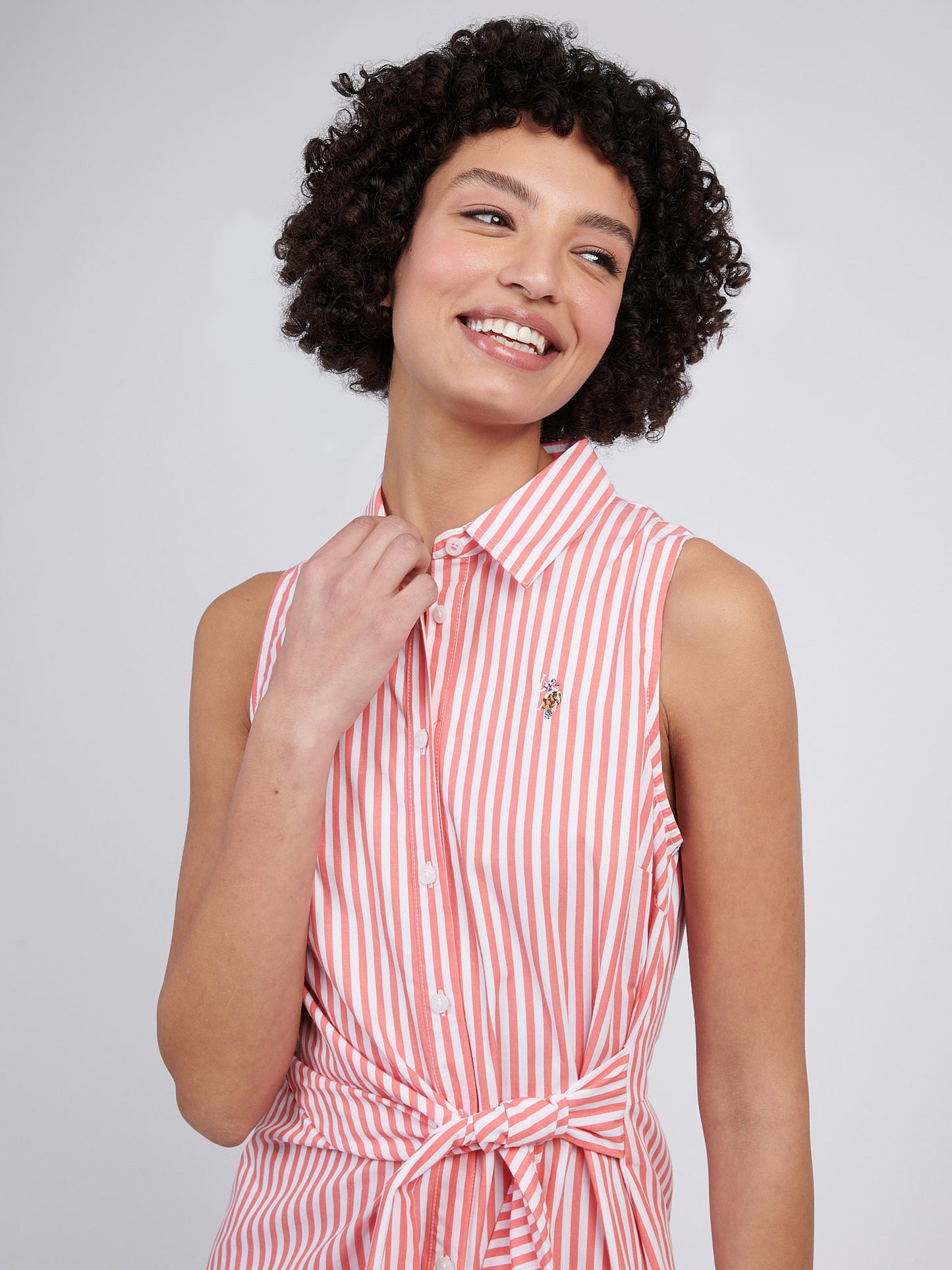 Womens Stripe Tie Waist Shirt Dress in Sugar Coral