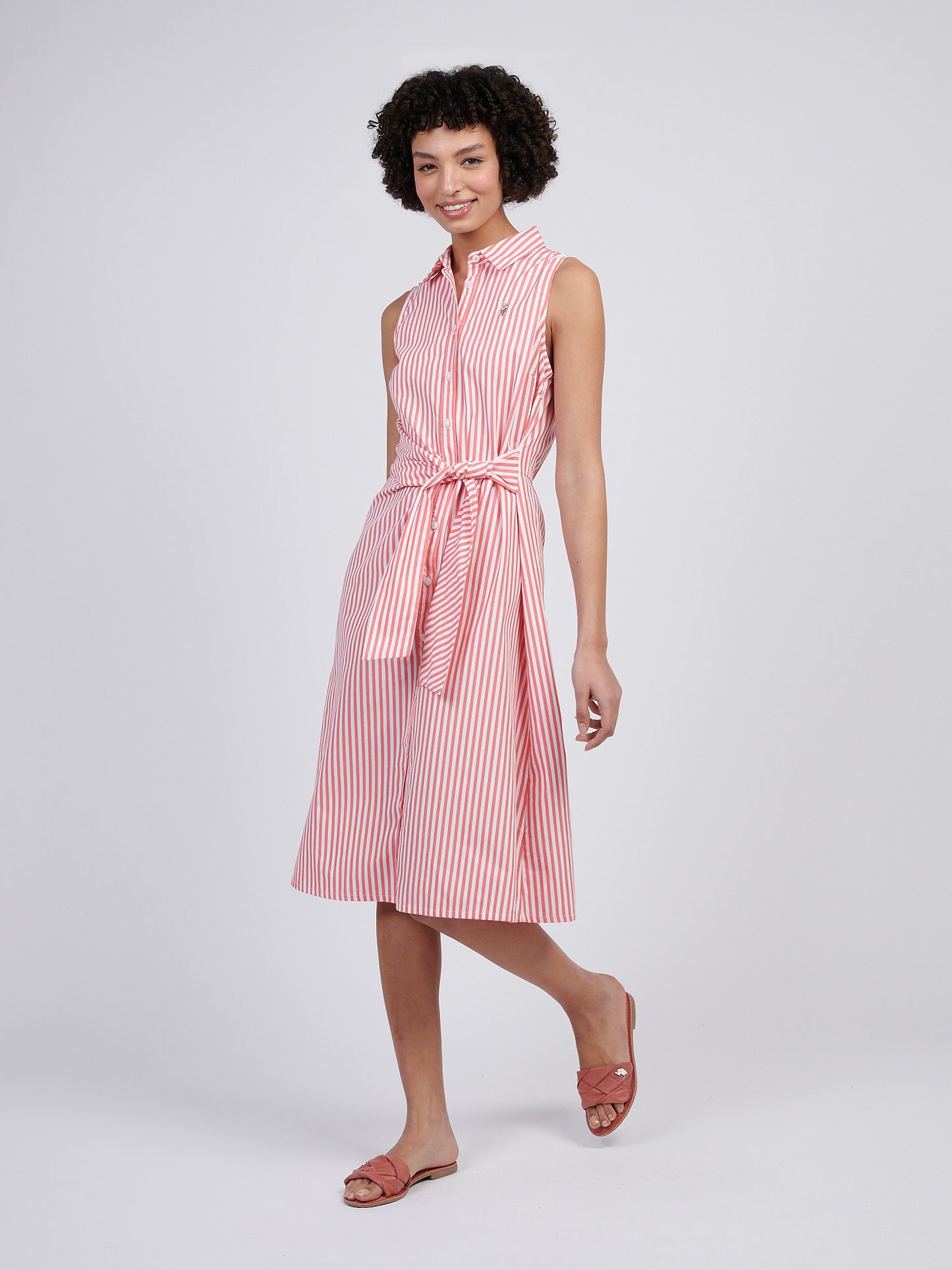 Womens Stripe Tie Waist Shirt Dress in Sugar Coral