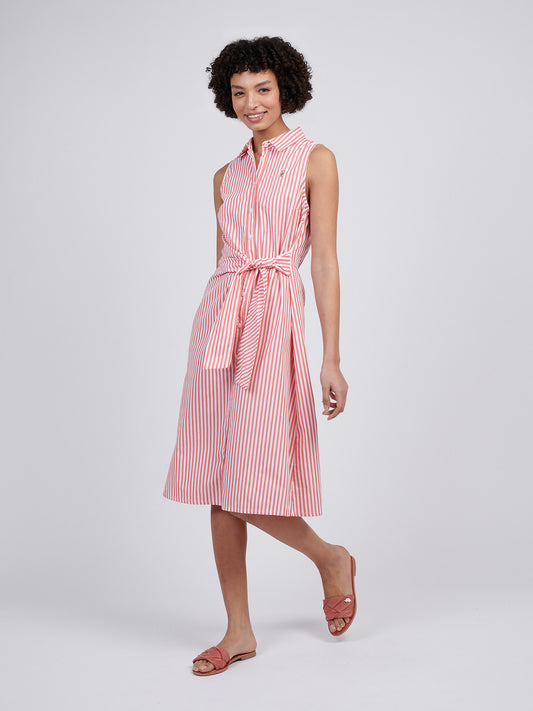 Womens Stripe Tie Waist Shirt Dress in Sugar Coral