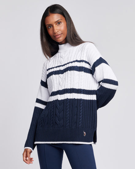 Womens Colour Block Cable Jumper in Navy Iris