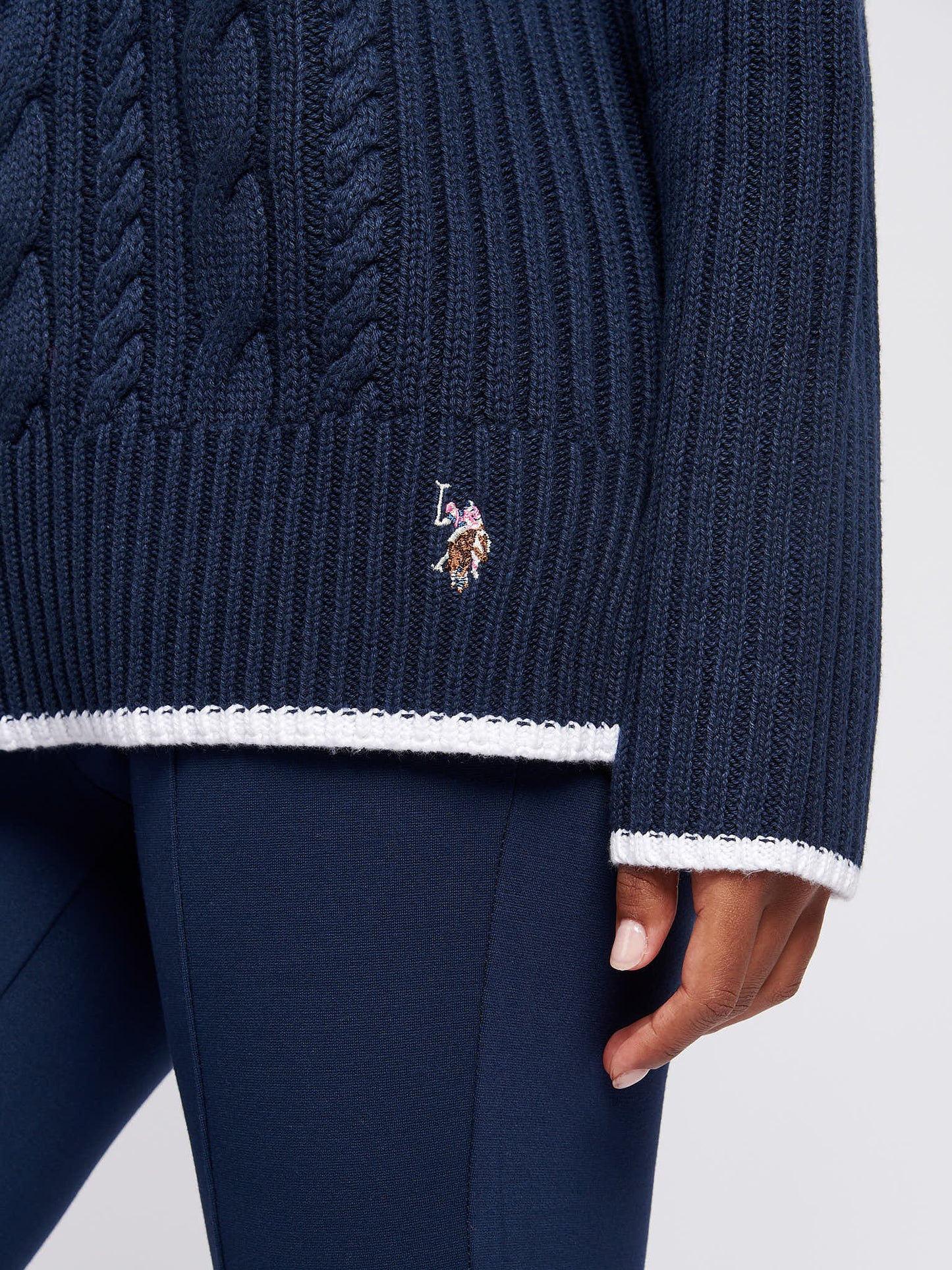 Womens Colour Block Cable Jumper in Navy Iris