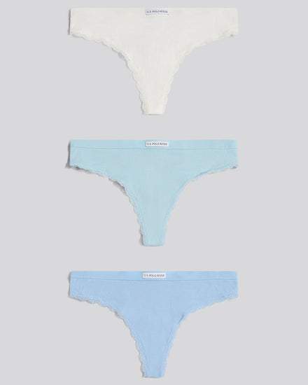 Womens 3 Pack Lace Trim Rib Thong in Aquamarine