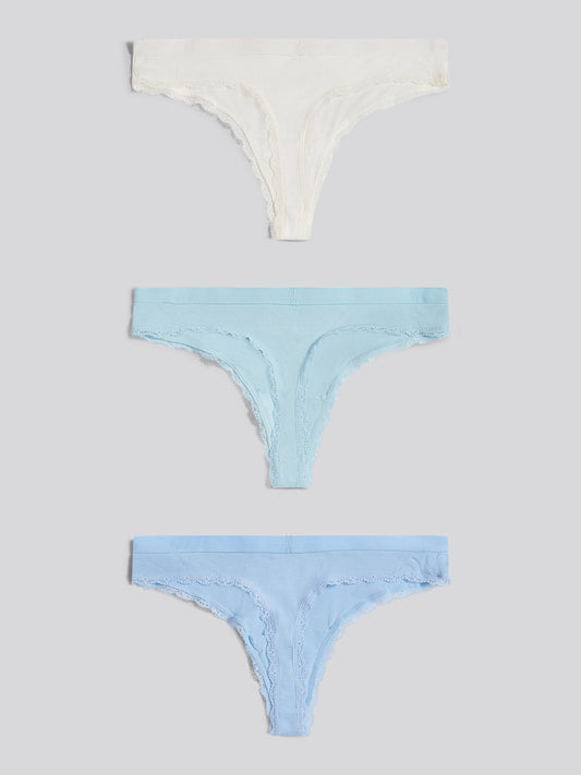 Womens 3 Pack Lace Trim Rib Thong in Aquamarine