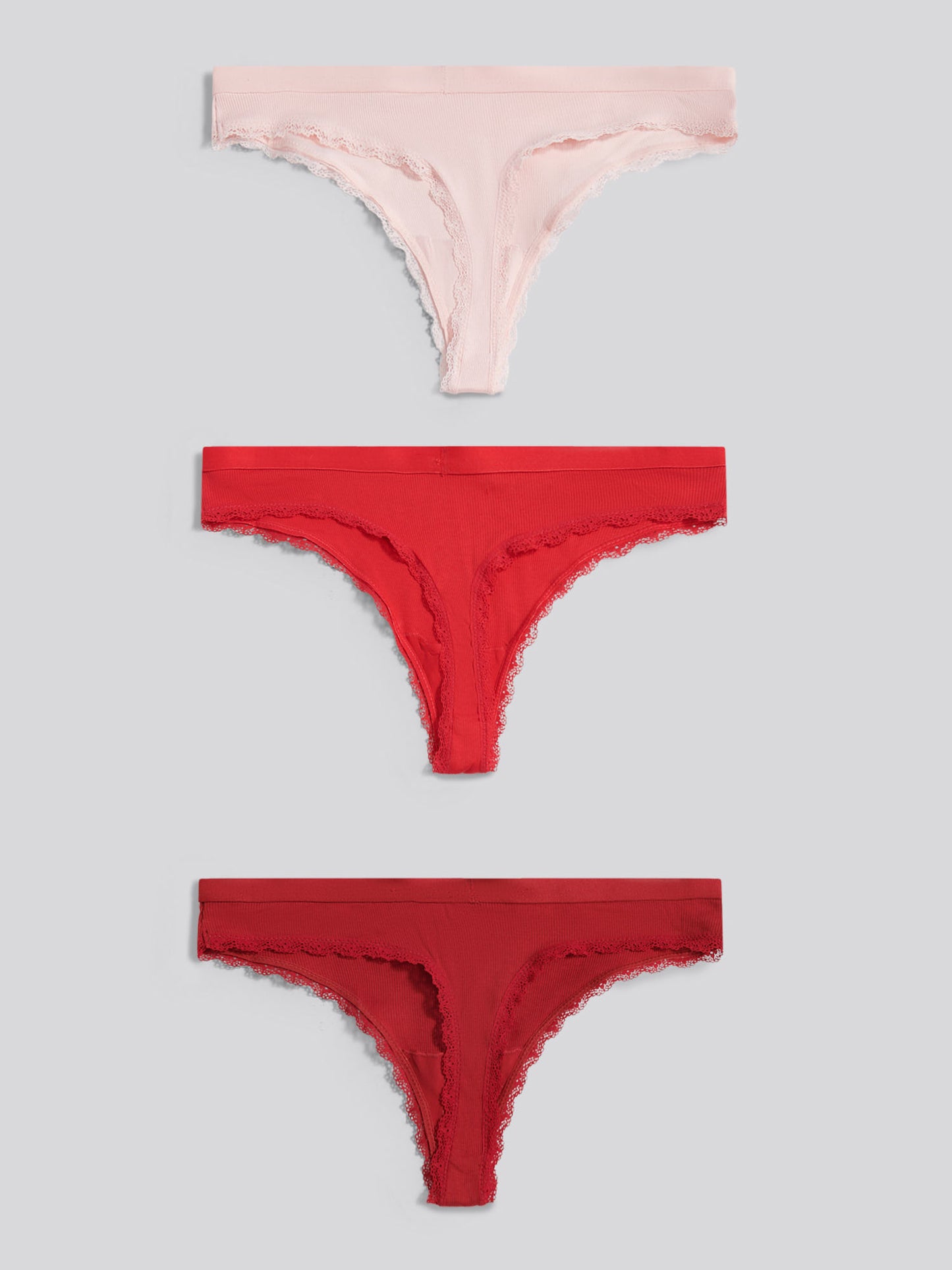 Womens 3 Pack Lace Trim Rib Thong in Pink Dogwood